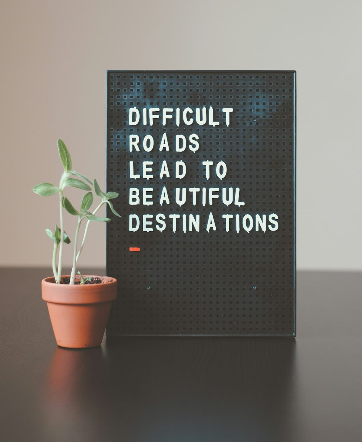 Motivational quote sign that reads Difficult roads lead to beautiful destinations next to a potted plant